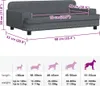 A size chart for dog beds, showing different dog sizes and corresponding bed dimensions and weight limits, with a partial view of a grey dog bed. Podgląd zdjęcia produktu