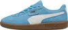 A side view of a blue Puma sneaker with a white stripe and a brown sole. Produktbild-Vorschau