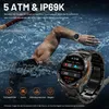 A person swimming in a pool, with a smartwatch on their wrist displaying fitness data. Icons and text highlight the watch's features. Produktbild-Vorschau