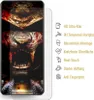 A smartphone screen protector with a graphic design of a lion's head, next to a list of its features. Produktbild-Vorschau
