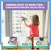 A child is painting on a window with window colors, with three inset images showing the steps of the process. Produktbild-Vorschau