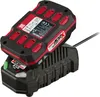 A black battery charger with a red and black battery pack on top, shown from a slightly elevated angle. Produktbild-Vorschau