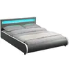 A modern bed with a grey upholstered frame and a light turquoise LED headboard. Náhled obrázku produktu