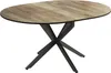 A wooden oval dining table with a black metal base, isolated on a white background. Náhľad obrázku produktu