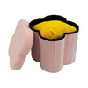 A pink storage ottoman with a yellow cushion inside, shown with its lid open. Podgląd zdjęcia produktu