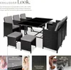 A rattan dining set with chairs, stools, and a table, presented with descriptive text and detail shots. Náhled obrázku produktu