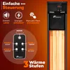Marketing image showing a TRESKO infrared heater with feature callouts and a remote control diagram. Podgląd zdjęcia produktu