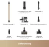 A collage of vacuum cleaner accessories and the main unit, with text labels in German. Voir les images du produit