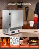 A person is using a small metal furnace, with various applications of the furnace shown in smaller images at the bottom. Podgląd zdjęcia produktu