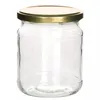 A clear studio shot of an empty glass jar with a gold lid, isolated on a white background. Podgląd zdjęcia produktu