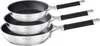 A set of three stainless steel frying pans with black handles, stacked on a white background. Produktbild-Vorschau