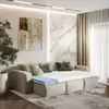 A living room setting with a sofa bed partially unfolded, showing a mattress topper. Produktbild-Vorschau