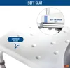 A close-up of a white shower chair seat with drainage holes and a magnified view highlighting the seat thickness. Produktbild-Vorschau