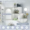A white bathroom cabinet with a frosted glass door, displaying various bottles and jars inside. A circular inset shows a close-up of the cabinet's interior with dimensions indicated. Produktbild-Vorschau