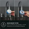 Two split images showing a hand rinsing a vacuum cleaner filter under a faucet, with text and an icon below. Produktbild-Vorschau