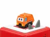 A toy garbage truck sits on a red base with two gray shark fins protruding from a white surface. Voir les images du produit