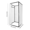 A freestanding changing room or fitting room with a white curtain and black frame, shown against a white background. Dimensions are indicated. Voir les images du produit