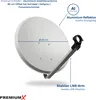 A satellite dish with labels and diagrams indicating its features and dimensions. Produktbild-Vorschau