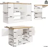 Multiple views of a white and wood kitchen island with dimensions labeled. Náhled obrázku produktu