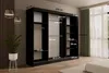 A black wardrobe with sliding doors, featuring internal shelving and hanging space, with dimensions indicated by text overlays. The wardrobe is in a room with a window and curtains in the background. Produktbild-Vorschau
