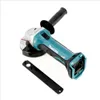 A cordless angle grinder and its accessory tool are displayed on a white background. Produktbild-Vorschau