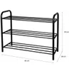 A black, three-tiered shoe rack with dimensions indicated. Náhľad obrázku produktu