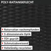 A close-up of black polyrattan weave with text overlays describing its features. Produktbild-Vorschau