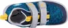 A top-down view of a child's blue knit shoe with yellow accents and gray straps. Produktbild-Vorschau