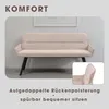 A beige upholstered bench with black legs is shown against a light gray and white background. A close-up inset shows the backrest detail. Produktbild-Vorschau