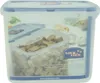 A transparent food storage container filled with small cubes of food, with a blue lid and branding. Produktbild-Vorschau