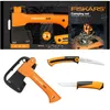 A collage of a camping set including an axe, saw, and knife. Produktbild-Vorschau