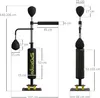 A diagram showing the dimensions of a boxing stand with two reflex balls and a punching bag. Voir les images du produit