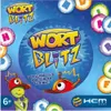 The image shows the box art for the card game 'Wortblitz'. It features cartoon characters, game title, and various circular elements with letters and words. Produktbild-Vorschau
