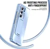 A light blue phone case with a kickstand is shown against a white background, with blue metallic curves framing the image. Produktbild-Vorschau