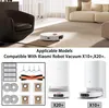 A collage of a robot vacuum cleaner and its accessories, with a lifestyle shot of a robot vacuum in a living room in the background. Produktbild-Vorschau