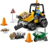 A LEGO construction set with a yellow front loader, a construction worker minifigure, building blocks, traffic cones, a wheelbarrow, and a rat figure. Produktbild-Vorschau