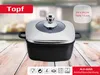A square pot with a glass lid is displayed on a wooden surface, with a blurred kitchen background. Text overlays provide product details and features. Produktbild-Vorschau