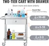 A stainless steel medical cart with various laboratory items on its shelves and a diagram illustrating its storage capacity. Podgląd zdjęcia produktu