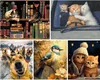 A collage of four different paintings, each depicting animals in various settings. Produktbild-Vorschau