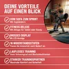 A woman is using a foldable exercise bike in a room. The image also features a list of product benefits. Produktbild-Vorschau