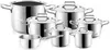 A set of stainless steel pots and pans arranged on a white background. Podgląd zdjęcia produktu