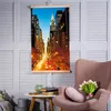 A framed picture of Manhattan at night hangs on a louvered wall, next to a pink armchair with a bouquet of tulips. Produktbild-Vorschau