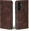 Two views of a brown leather flip case for a smartphone, shown from the side and front. Produktbild-Vorschau