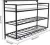 A black metal wine rack with three shelves, mounted on a white background. Dimensions are indicated. Náhled obrázku produktu