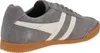 A side view of a gray Gola Harrier sneaker with white stripes and a brown sole. Produktbild-Vorschau