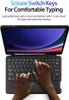 A tablet with a keyboard case, showing hands typing on the keyboard. Produktbild-Vorschau