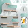 A marketing image showcasing a wooden shelf designed to hold a Tonie Box and figures, with text highlighting its features and dimensions. Produktbild-Vorschau
