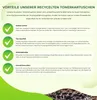 A marketing image detailing the benefits of recycled toner cartridges, with green checkmarks and descriptive text. Produktbild-Vorschau