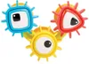 A close-up studio shot of a colorful bath toy with three spinning gears, each with a cartoon eye. Podgląd zdjęcia produktu