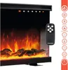 A close-up of an electric fireplace with a remote control and a series of icons indicating its features. Voir les images du produit